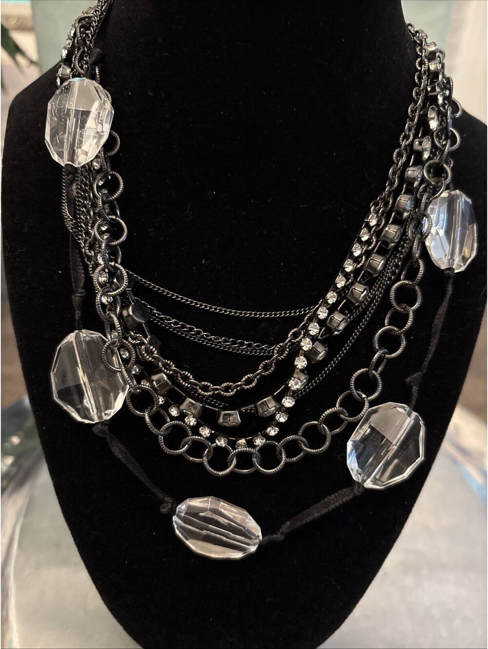New Directions Crystal Bead Black Ribbon Necklace  Multi Layer